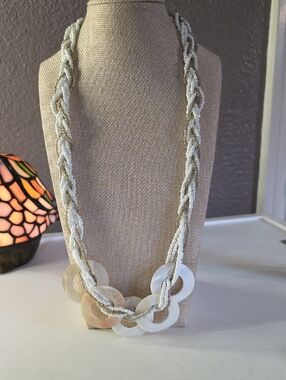 Gold And White Braided Seed Beaded Necklace with Mother-of-Pearl Rings
